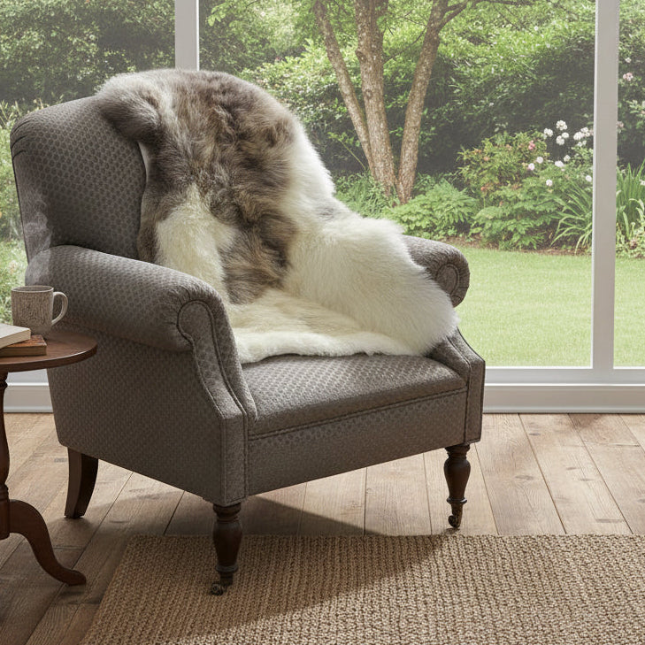 Brown and white fur throw draped over a patterned armchair on a light gray background