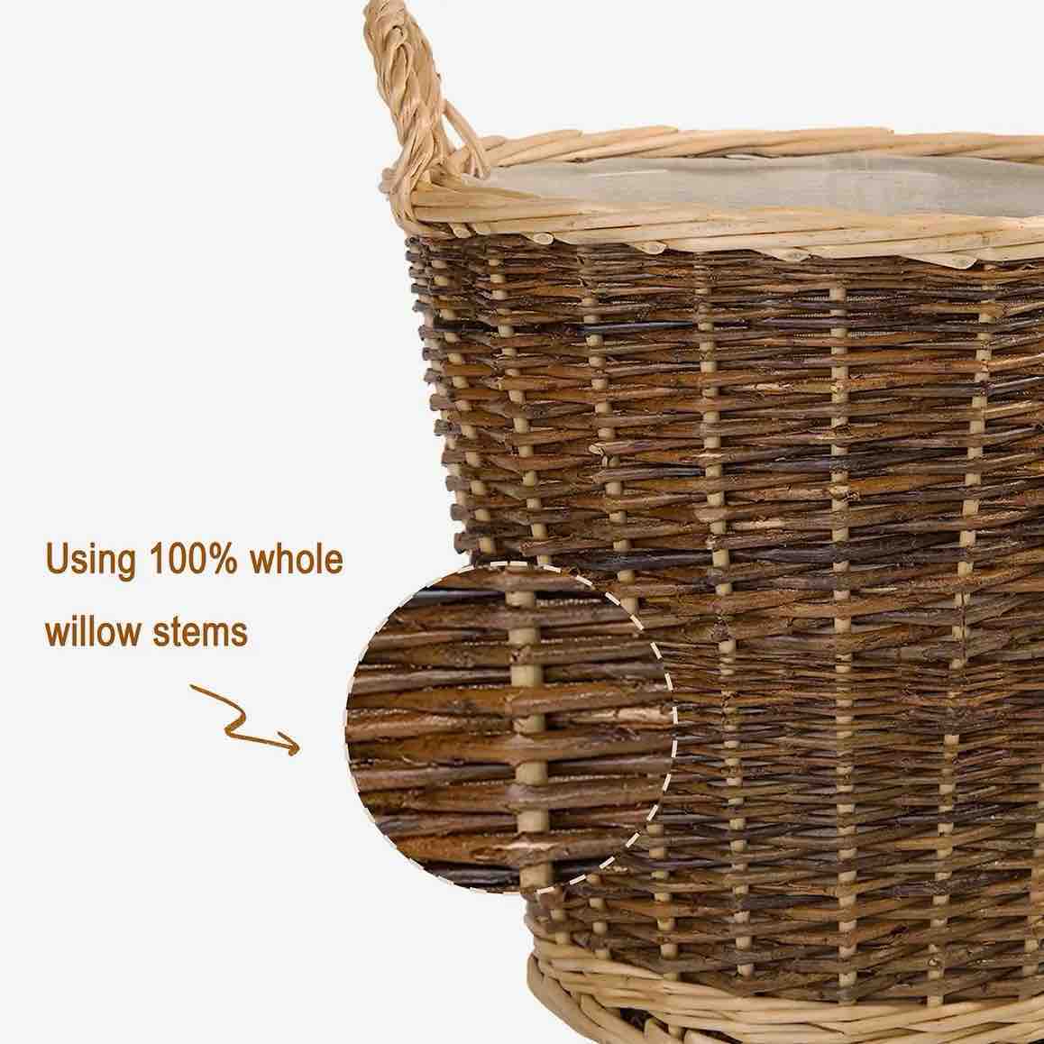 Wicker basket with a close-up of the weave and text indicating 100% whole willow stems.