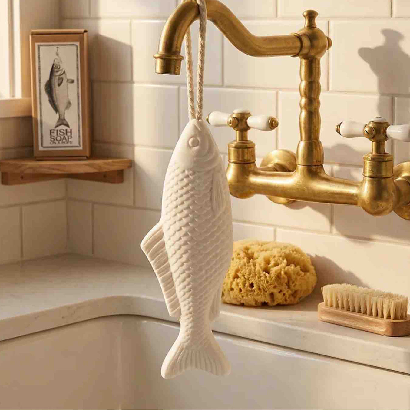 A fish-shaped soap on a rope hanging from a brass faucet in a bathroom setting, shown within a mobile browser interface. The soap is textured and cream-colored, with a warm beige tiled background and a gold-toned faucet.