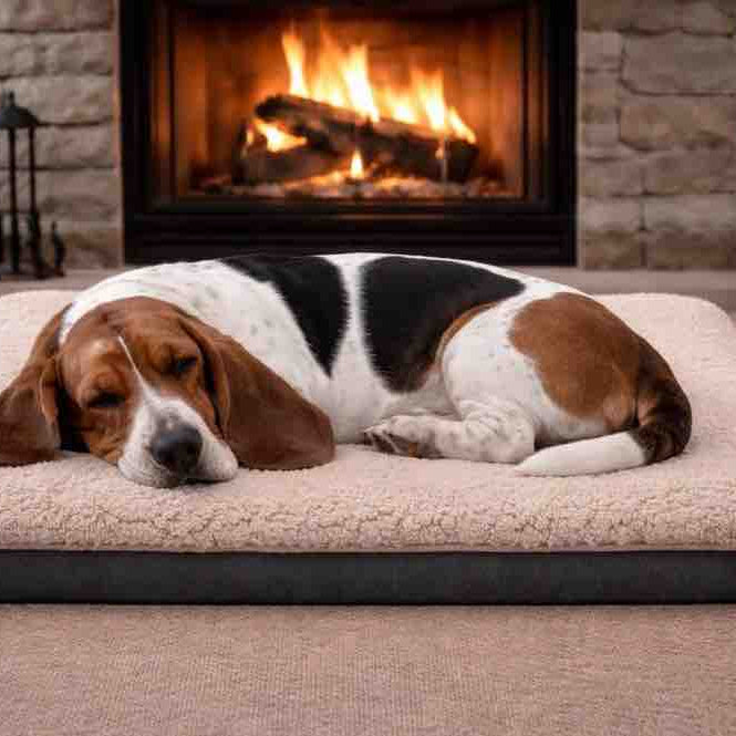 A sleeping basset hound rests on a raised, fluffy cream pet bed in front of a lit fireplace.
