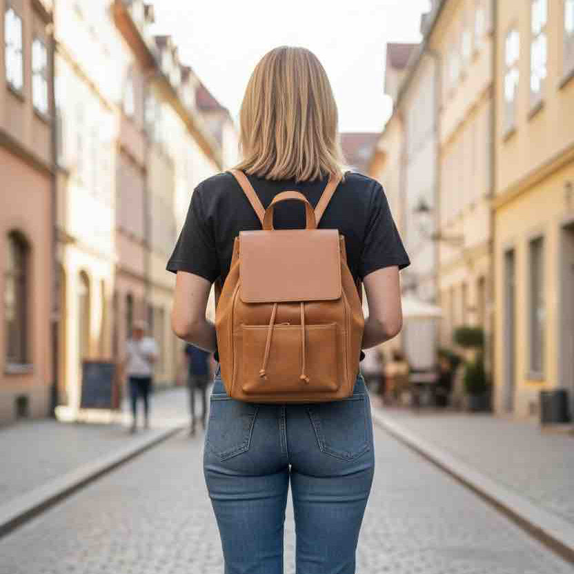 Person wearing a brown backpack on a cobblestone street