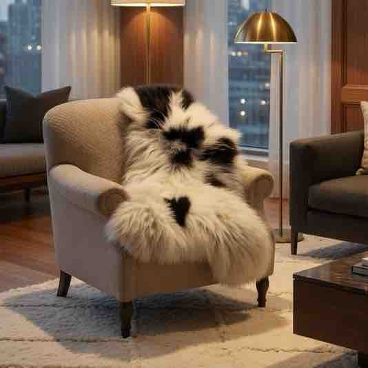 Furry blanket draped over a chair in a stylish living room with cityscape view