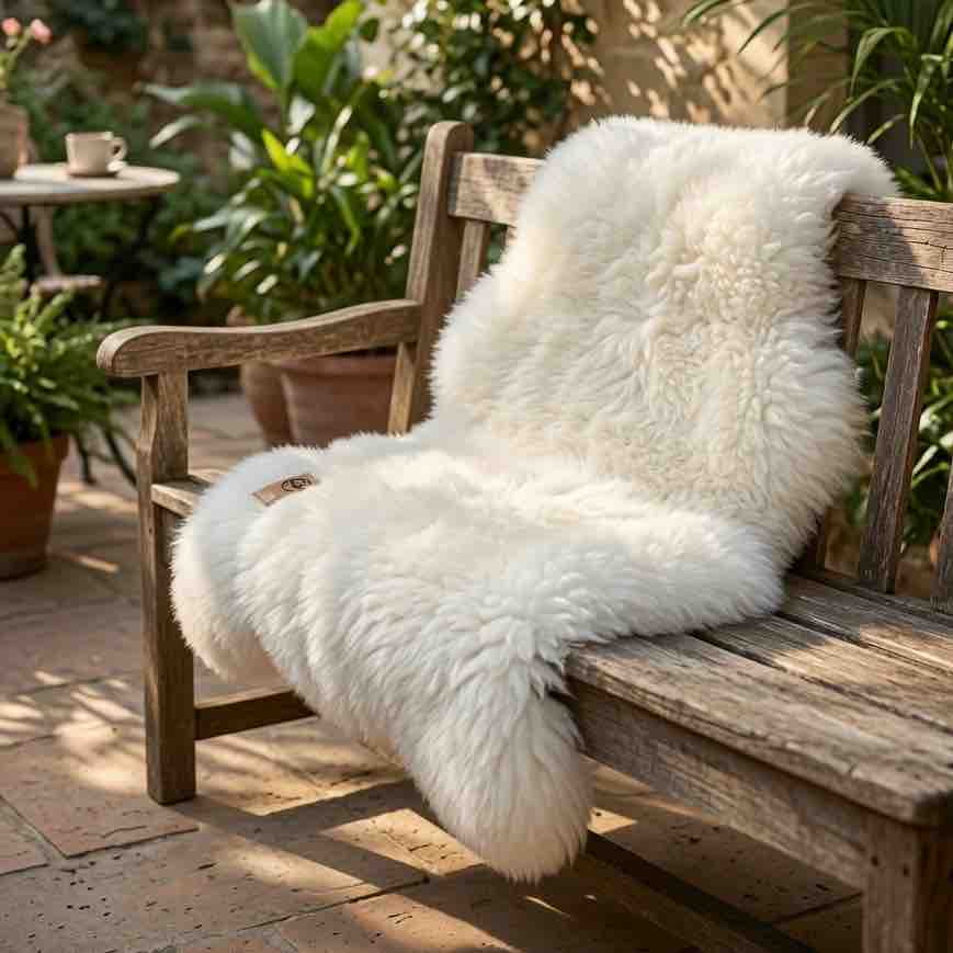 White sheepskin rug on a wooden bench outdoors with plants in the background