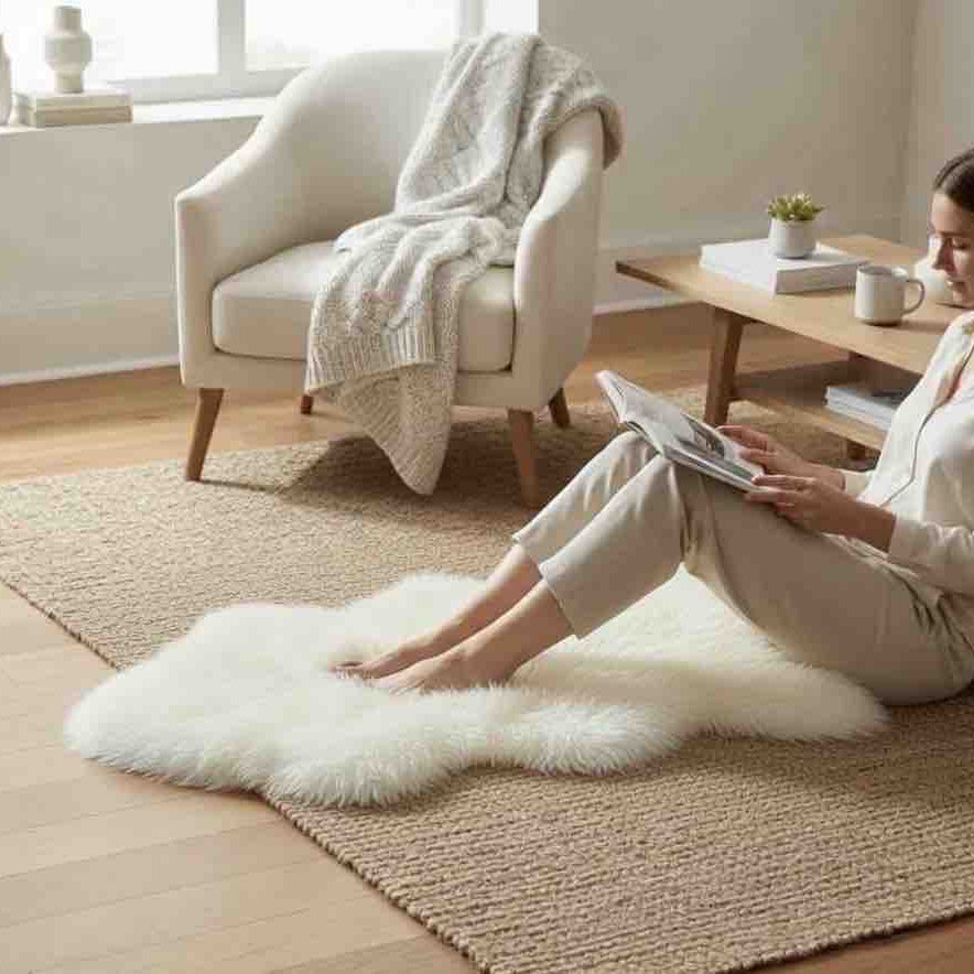Woman sitting on a white fur rug in a cozy living room.