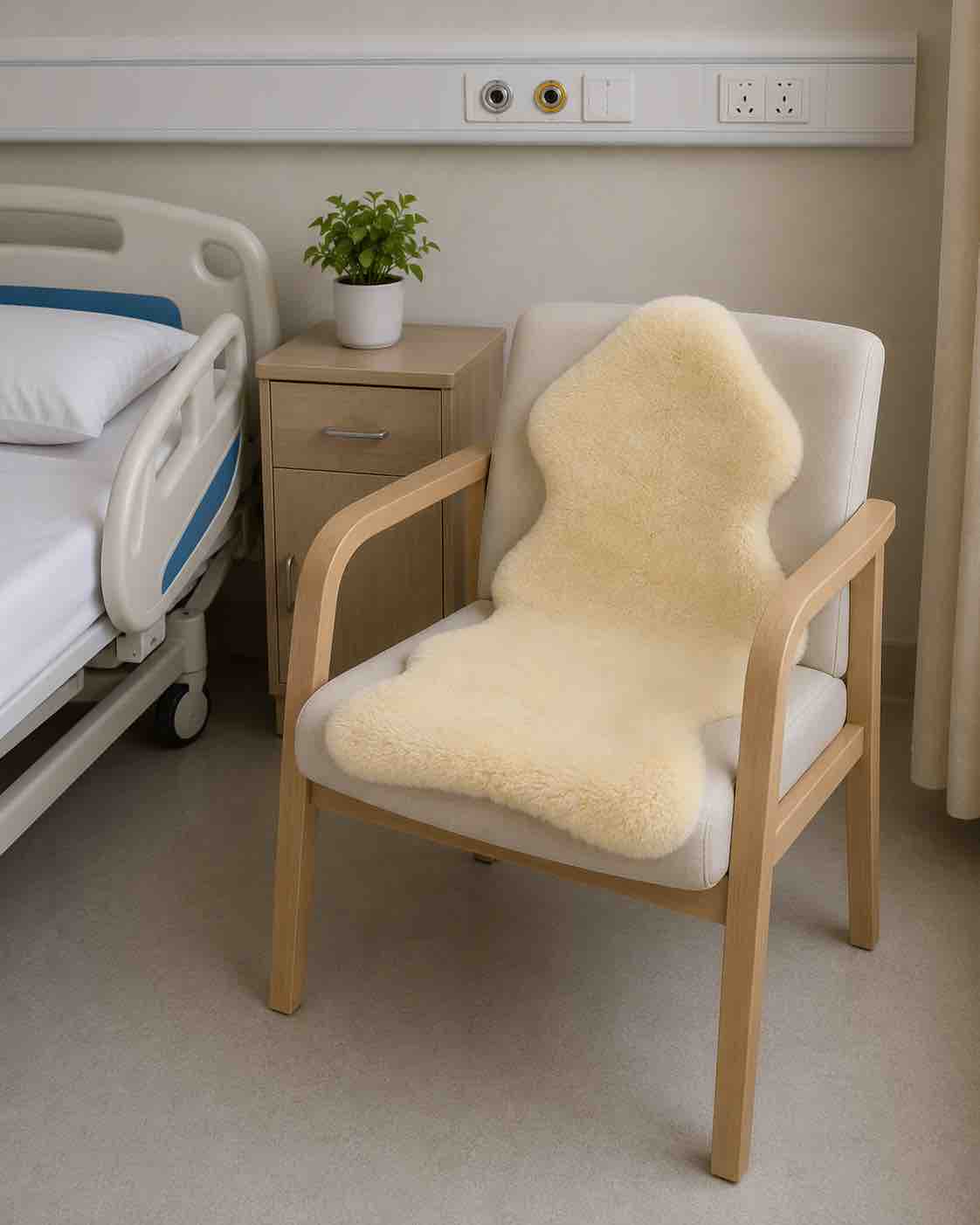 A cream-colored sheepskin-style contoured lumbar pillow shown on a light wood and white armchair in a hospital room setting.
