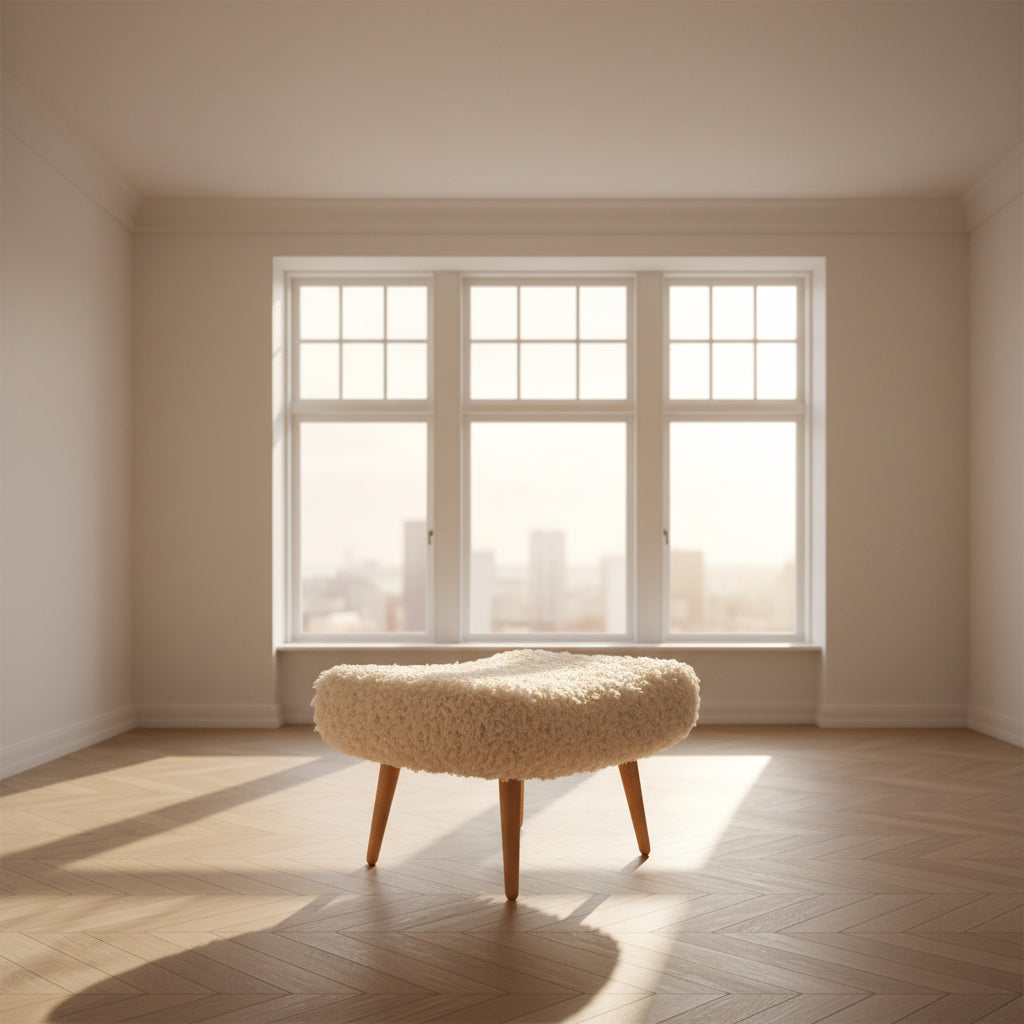Fluffy ottoman with wooden legs on a wooden floor near a window.