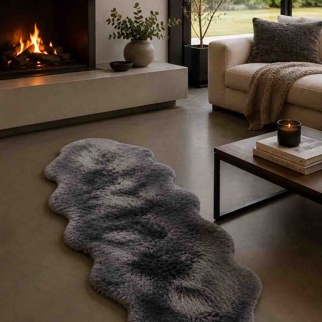 Living room with a gray rug, fireplace, and sofa.