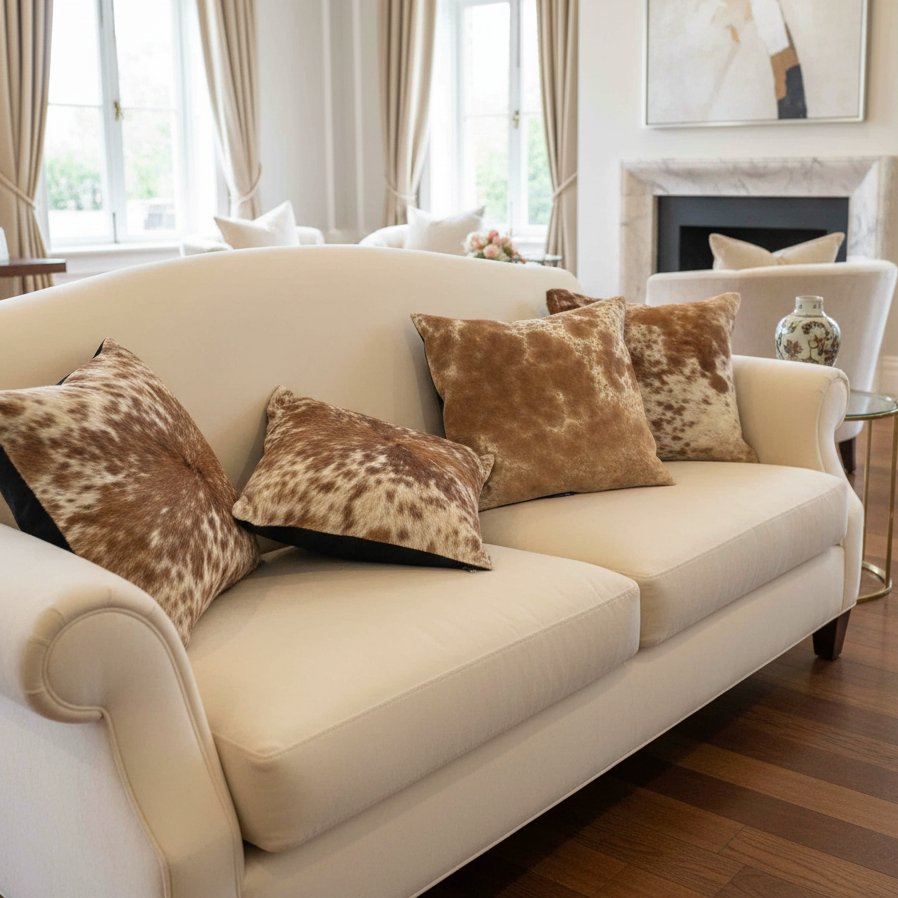 Beige sofa with cowhide patterned cushions in a living room setting.