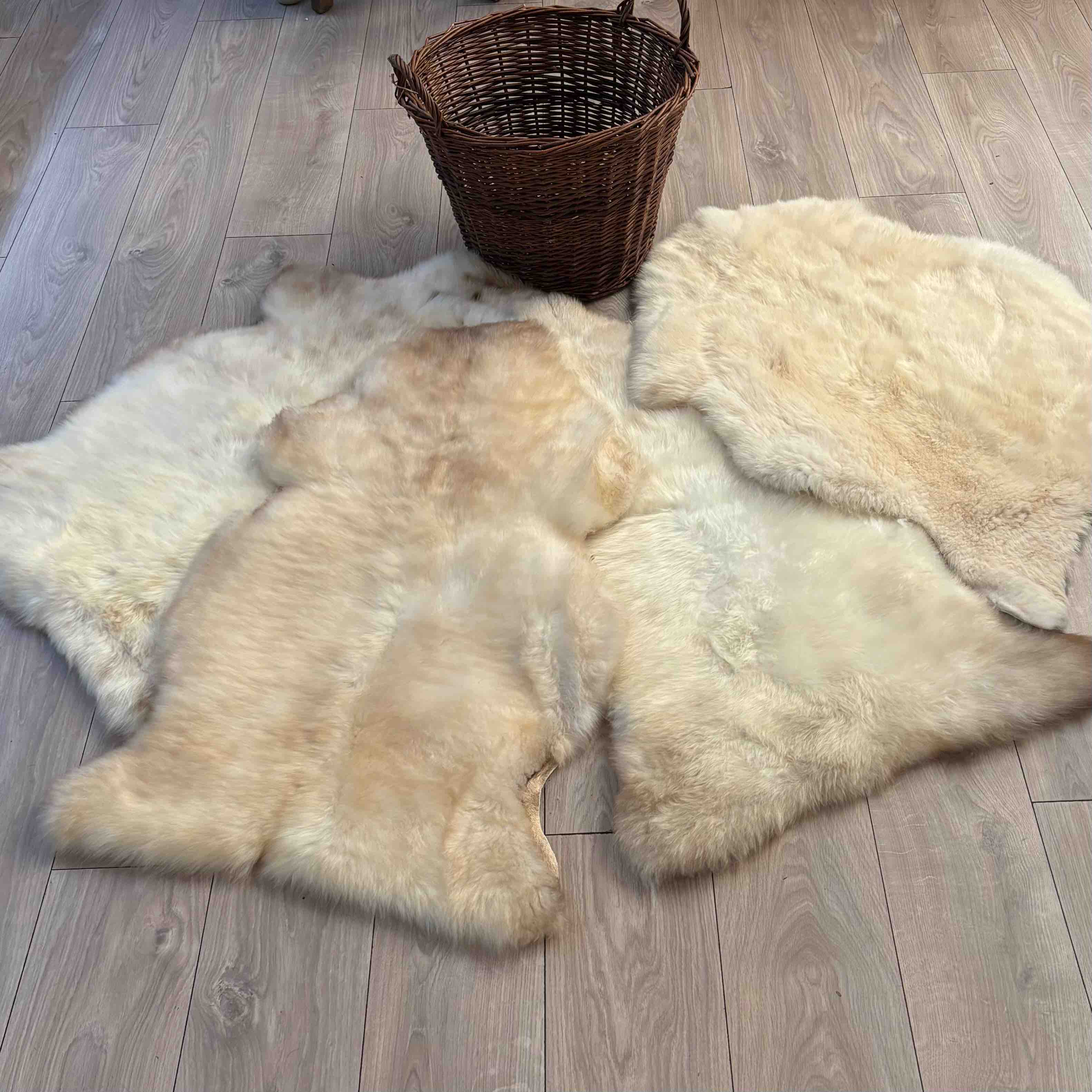 Four light brown fur rugs on a wooden floor with a wicker basket.