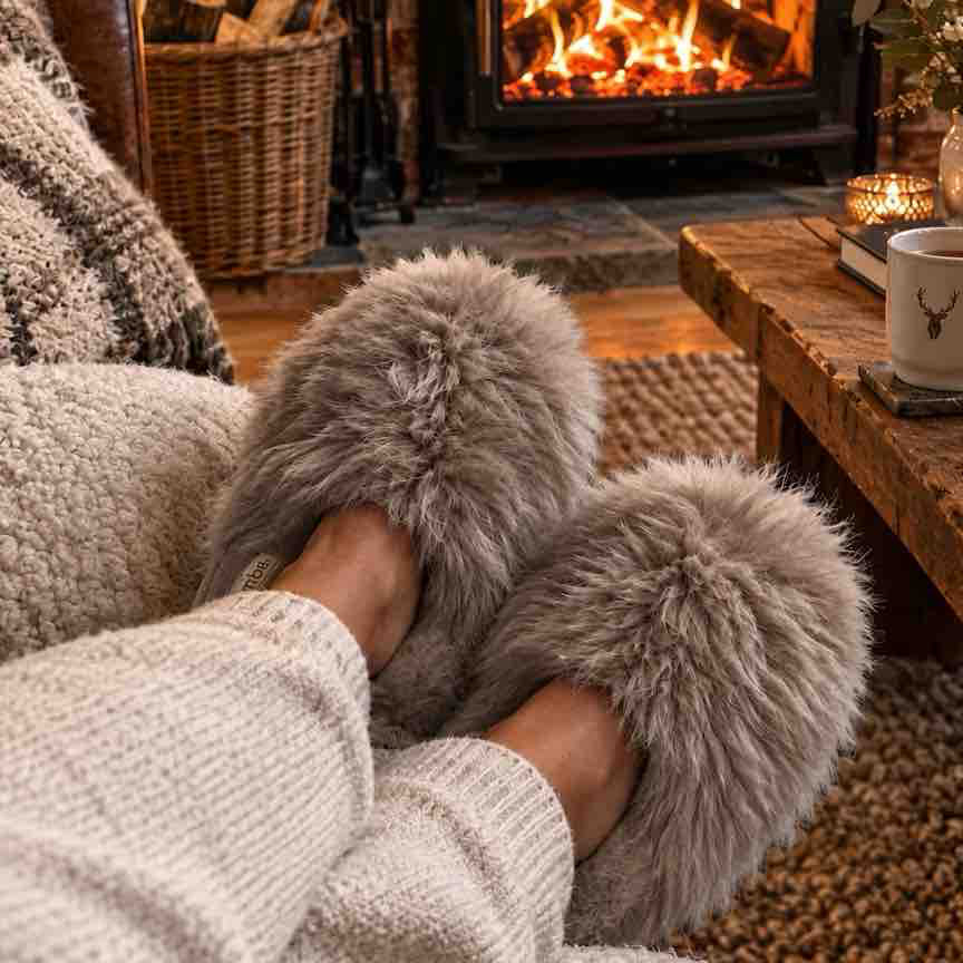 A cozy close-up of a person wearing fluffy gray faux-fur slippers while sitting on a couch in a warm living room with a lit fireplace and wood coffee table in the background.