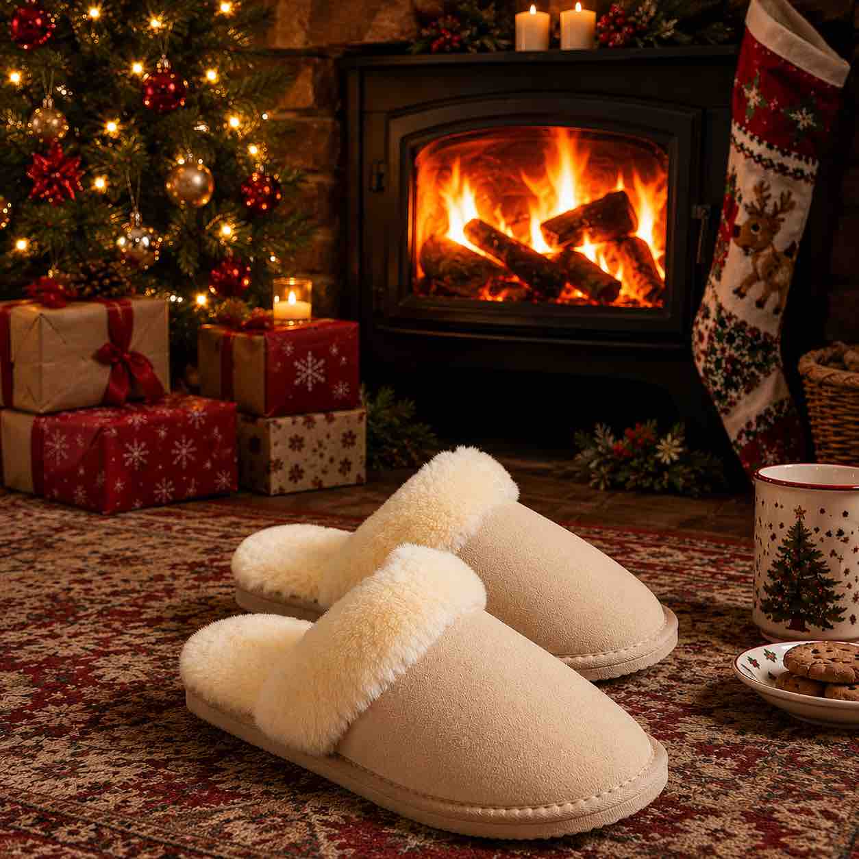 A pair of cream-colored fleece slip-on slippers with white sherpa lining, placed on a patterned rug in front of a cozy fireplace with a burning wood stove, a lit Christmas tree, wrapped gifts, and a Christmas stocking in the background.