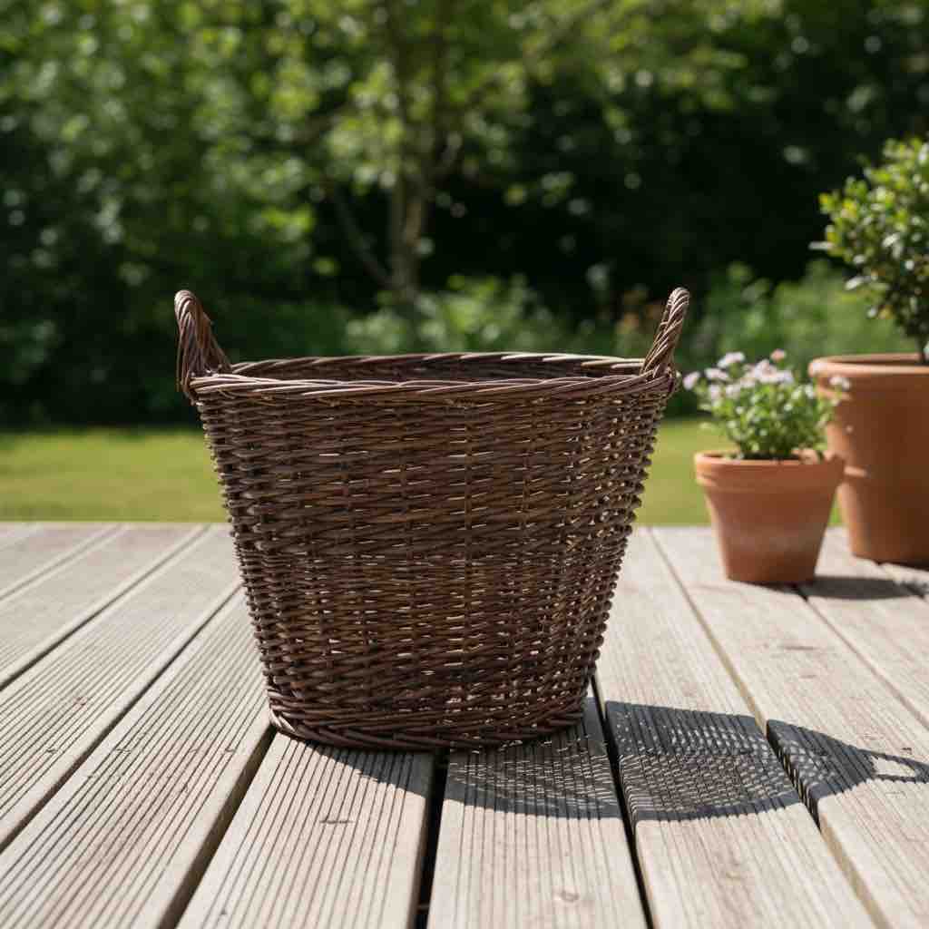 Wicker basket on a wooden deck with a garden background