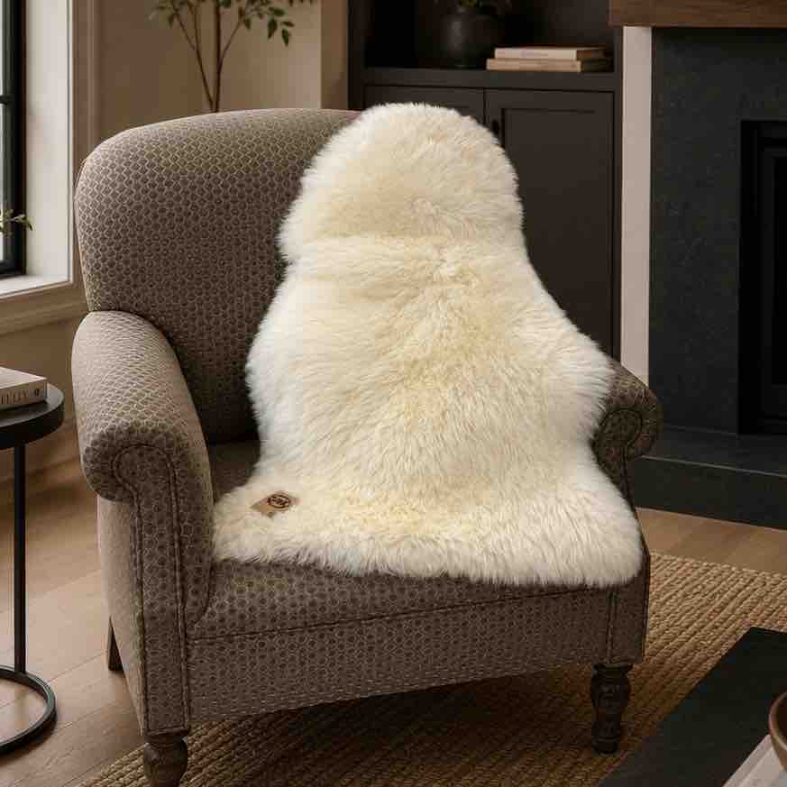 Brown armchair with a white sheepskin rug in a cozy living room setting.