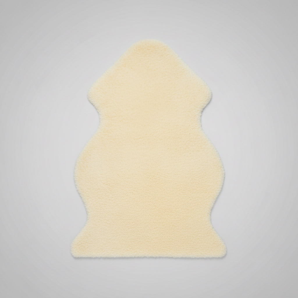 A beige shaggy rug with an irregular, organic silhouette, shown against a plain white background with a small product tag attached.