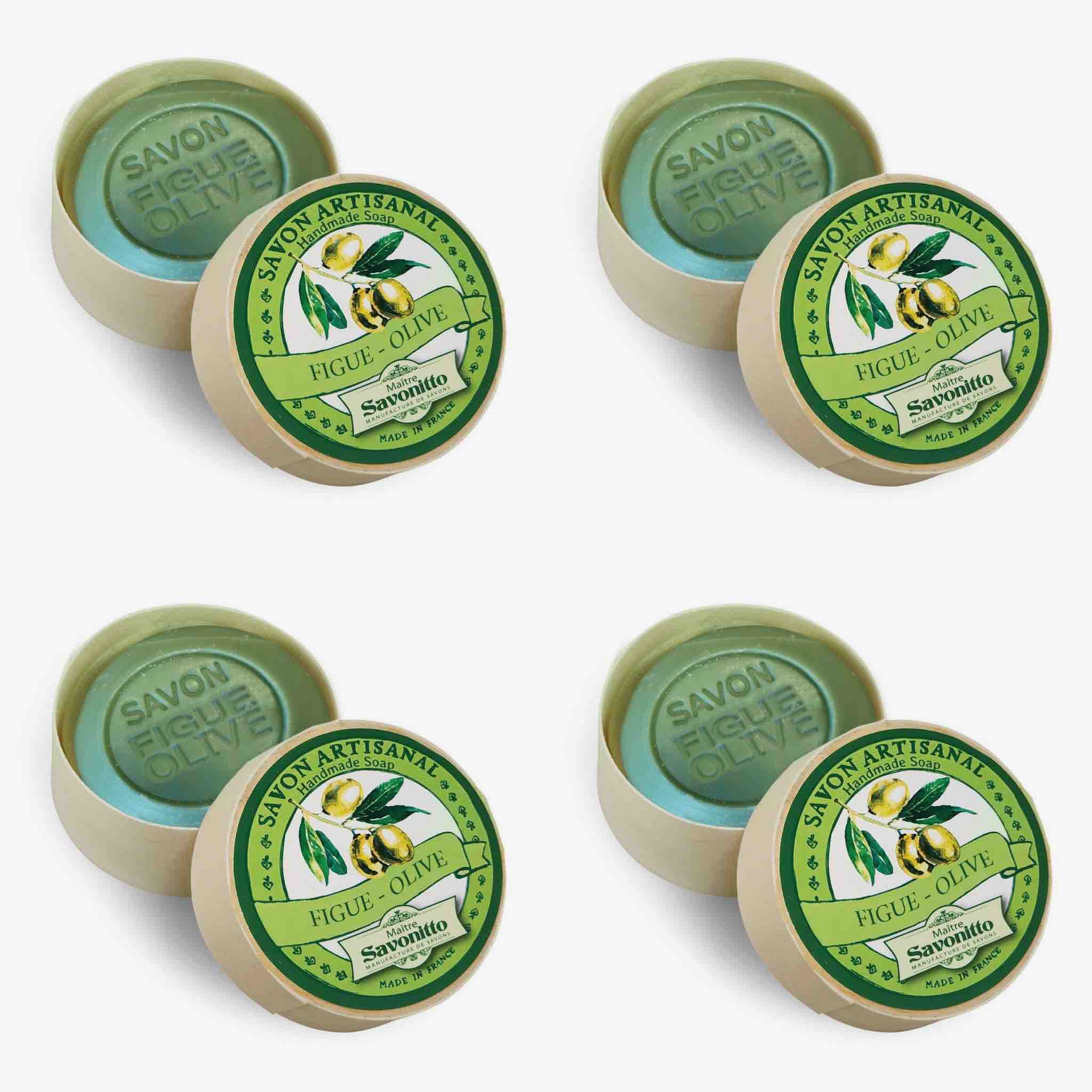 Set of Savonetto soap bars with olive design on a white background