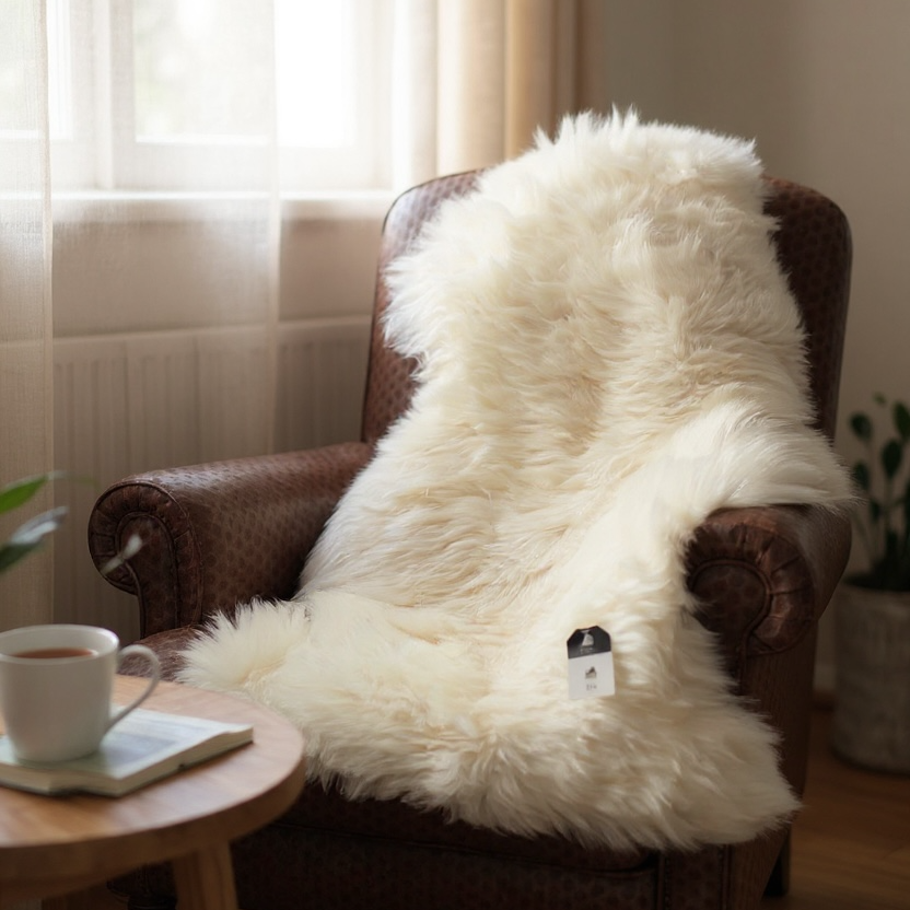 White fur throw draped over a brown armchair in a cozy living room.