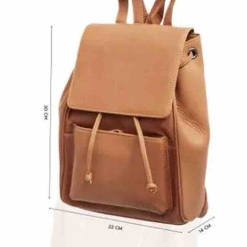 Brown backpack with dimensions on a white background