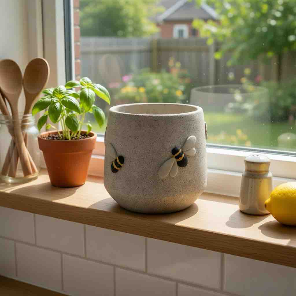 Ceramic pot with bee design on a kitchen windowsill with plants and utensils.
