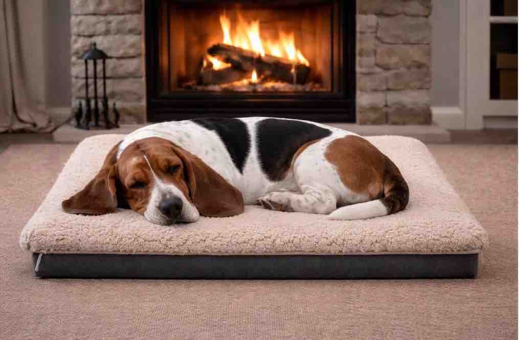 A sleeping basset hound rests on a raised, fluffy cream pet bed in front of a lit fireplace.