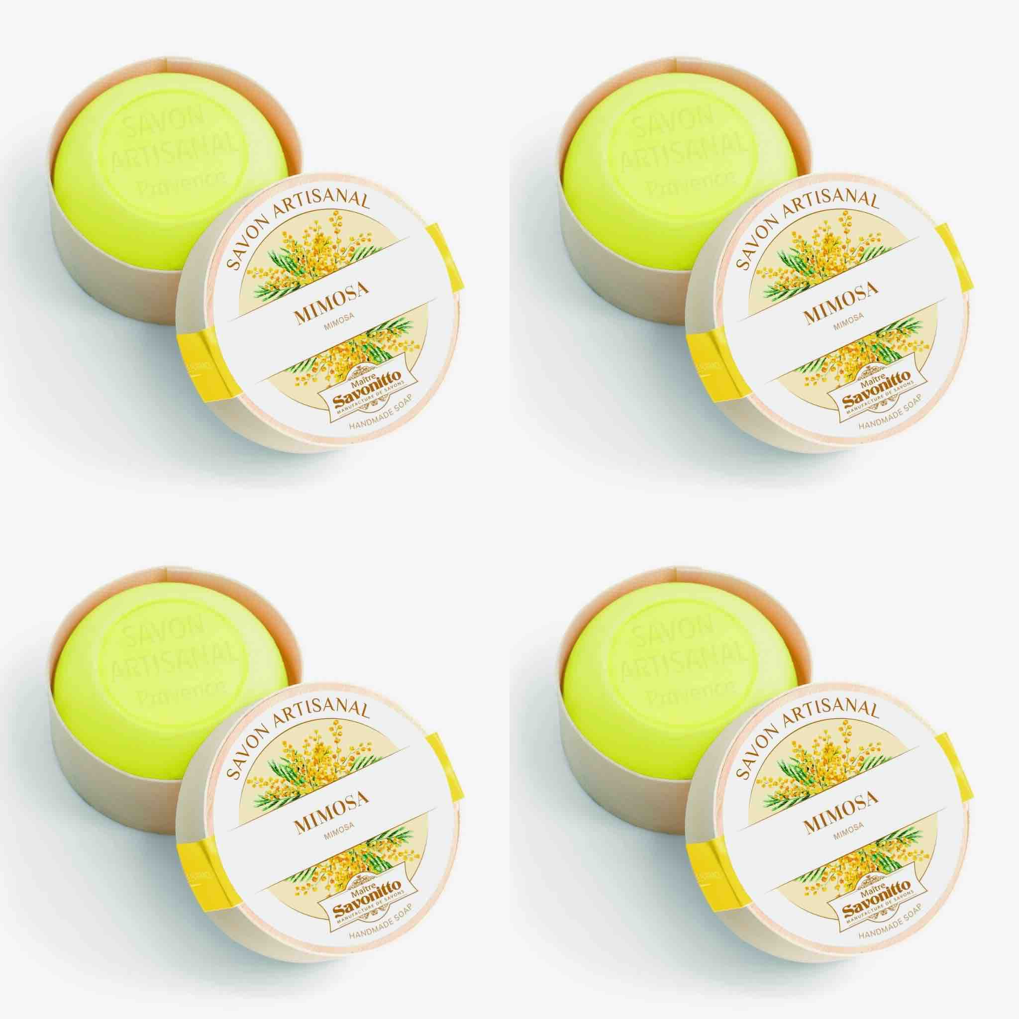 four containers of Mimosa soap with visible branding on a light background