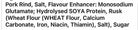 A close-up of a text label listing pork rind, salt, flavour enhancer, hydrolysed SOYA protein, rusk, wheat flour, calcium carbonate, iron, niacin, thiamin, and sugar.