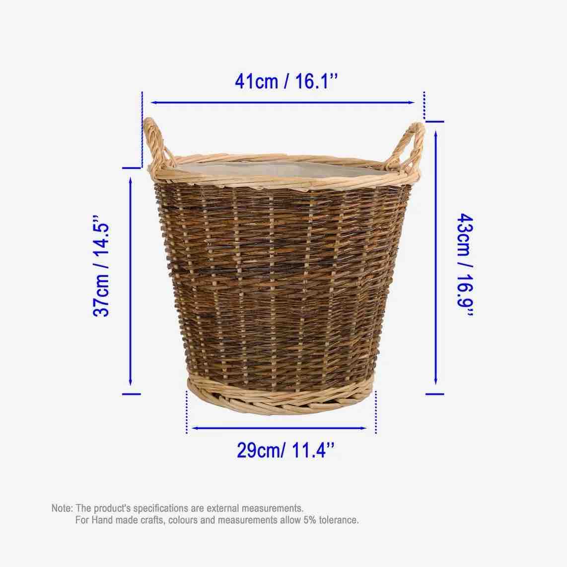 Wicker laundry basket with dimensions labeled on a white background
