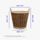 Wicker laundry basket with dimensions labeled on a white background