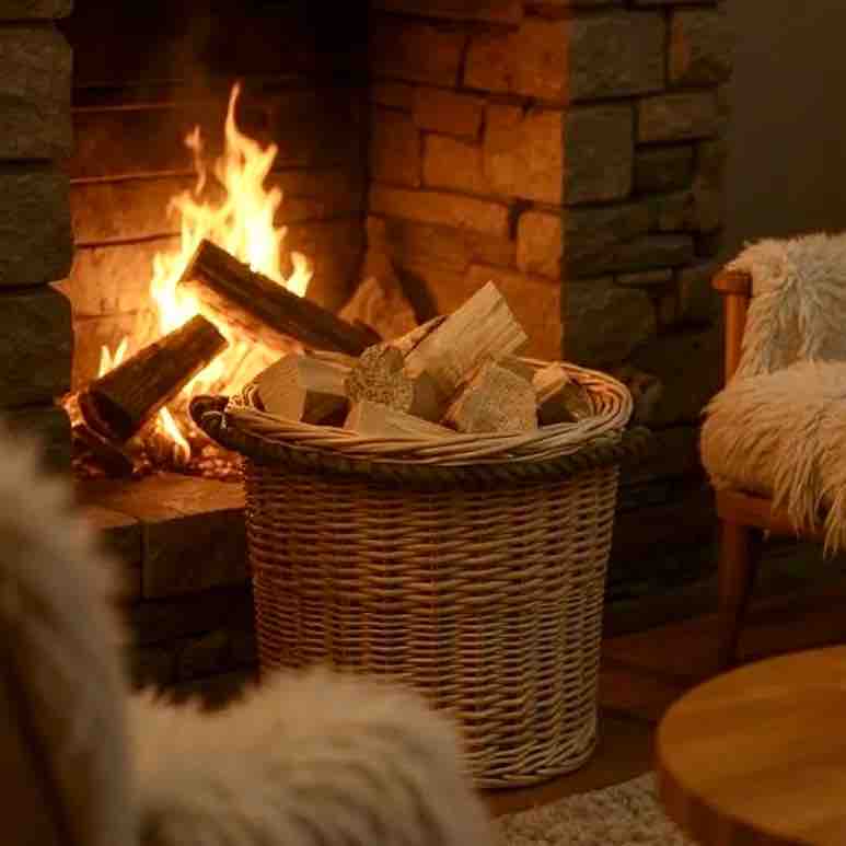 Rope Handle Wicker  Basket Filled With Logs