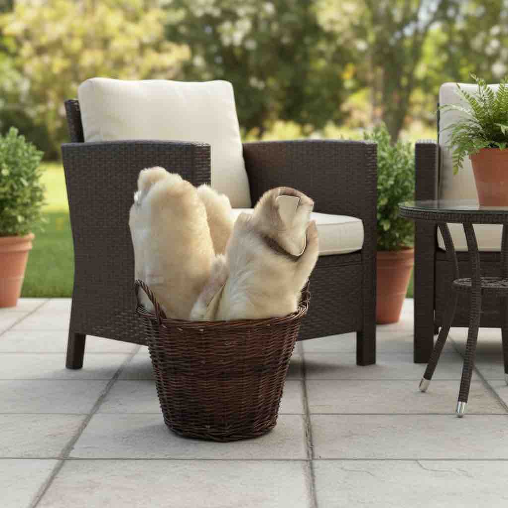 Outdoor patio setting with wicker chairs, a basket of blankets, and potted plants.