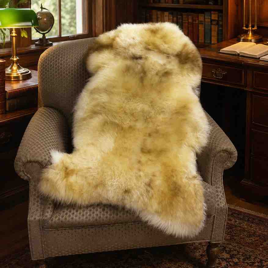 Fluffy white sheepskin rug draped over a chair in a room with books and a lamp.