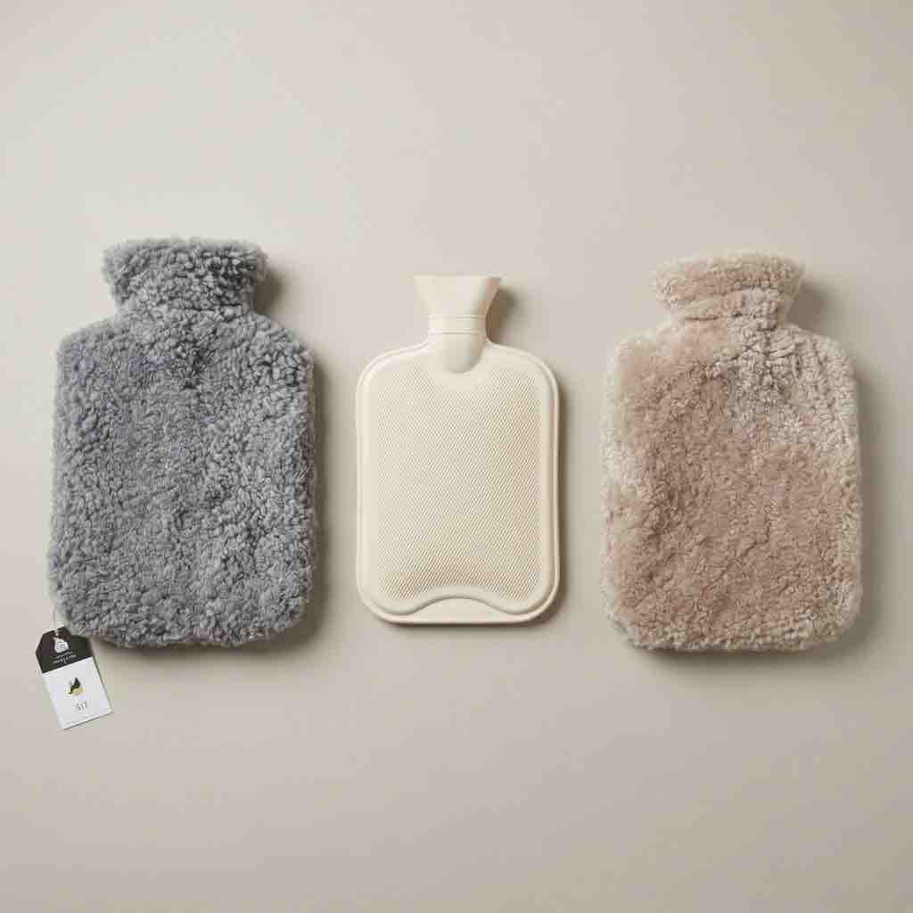 Three hot water bottles with textured fleece covers are lined up horizontally on a neutral beige background. The left bottle is gray, the center bottle is smooth cream, and the right bottle is beige.