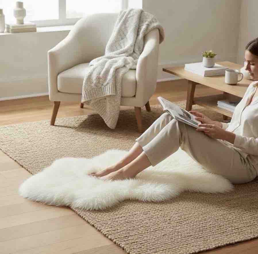 Woman sitting on a white fur rug in a cozy living room.