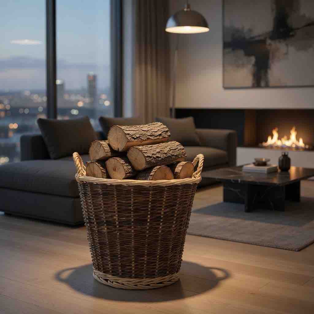 Wicker basket with firewood in a modern living room with a fireplace and cityscape view.