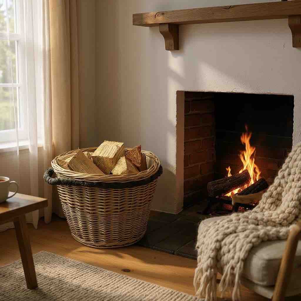 Rope Handle Wicker  Basket Filled With Logs