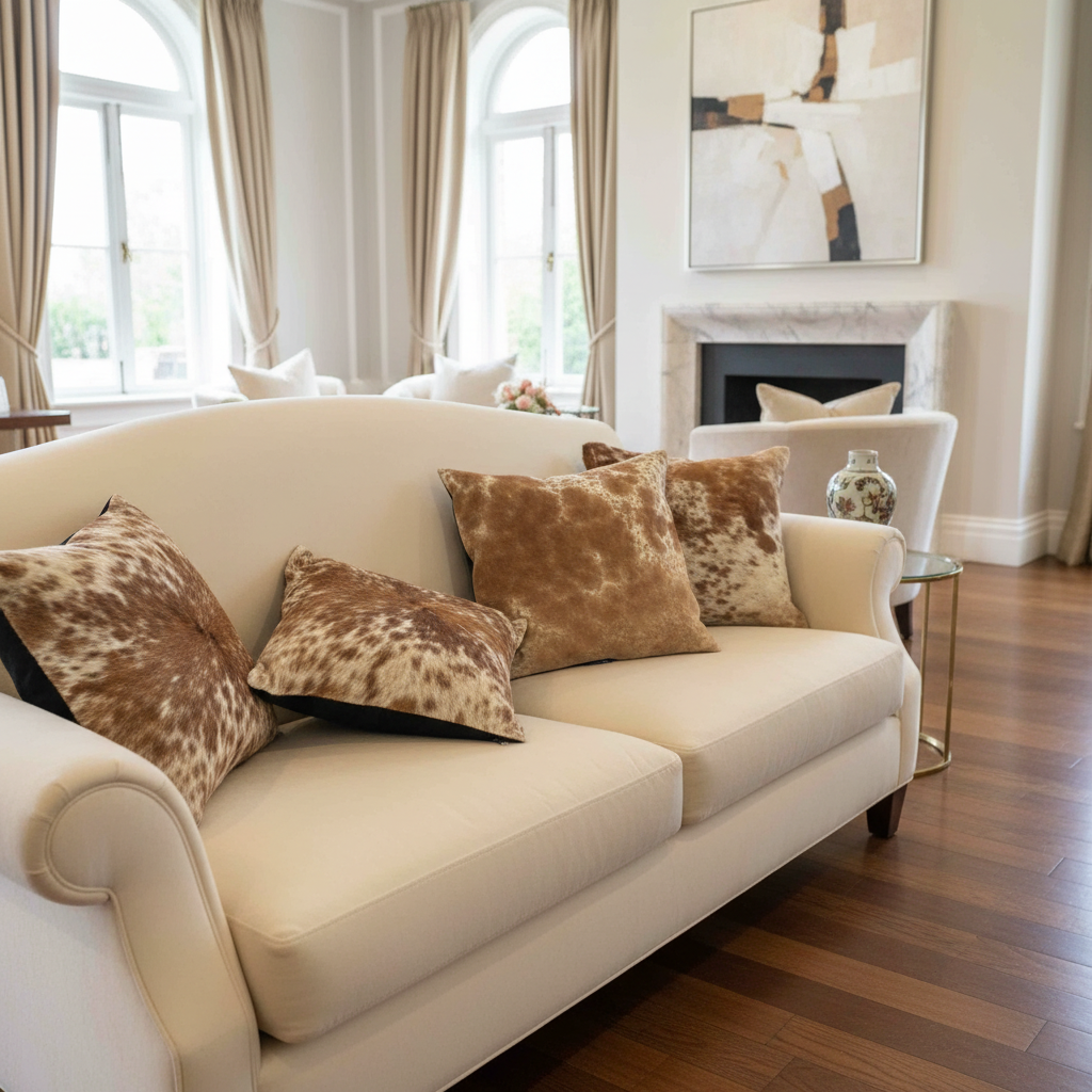 Beige sofa with cowhide patterned cushions in a living room setting.