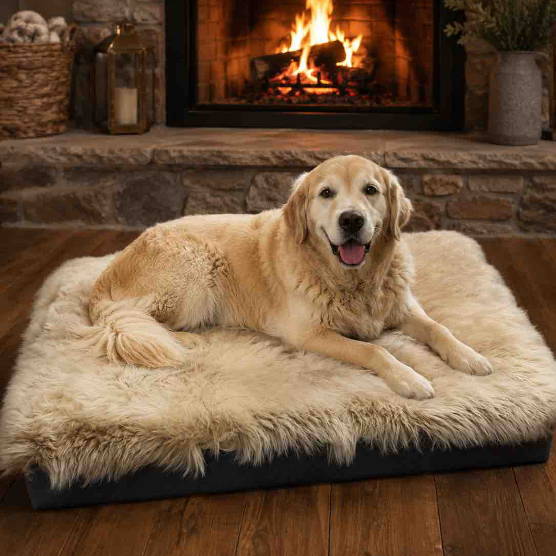 Dog lying on a fluffy mat in front of a fireplace