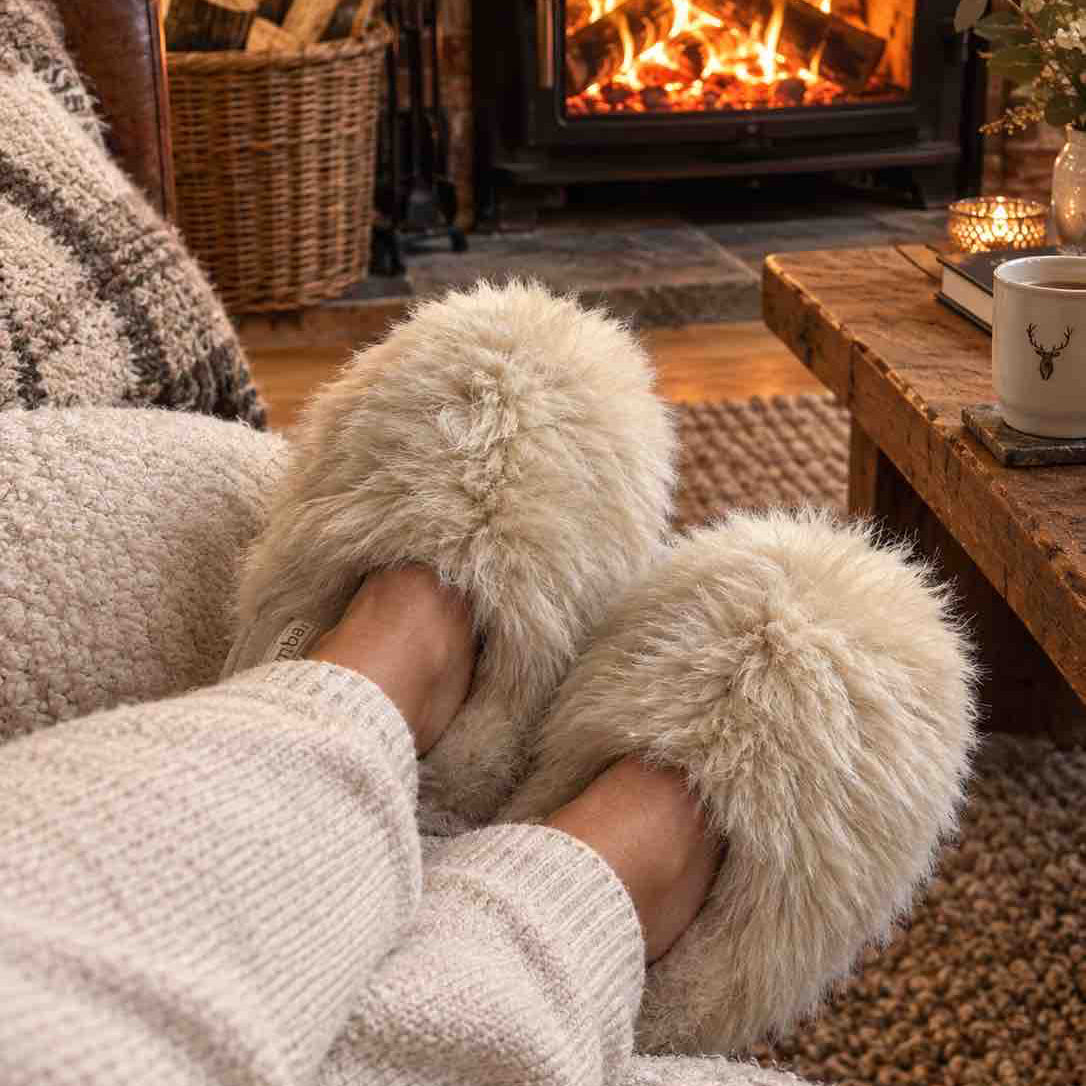 A person sitting by a warm fireplace wearing fluffy cream faux-fur slippers and a chunky knit sweater. The cozy room includes a wood-burning stove, rug, basket, and a wooden coffee table with a mug.
