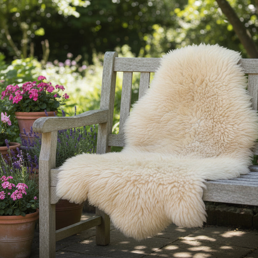 A short wool genuine sheepskin  throw blanket draped over a weathered wooden garden bench, set in a sunny, leafy garden with potted pink flowers.