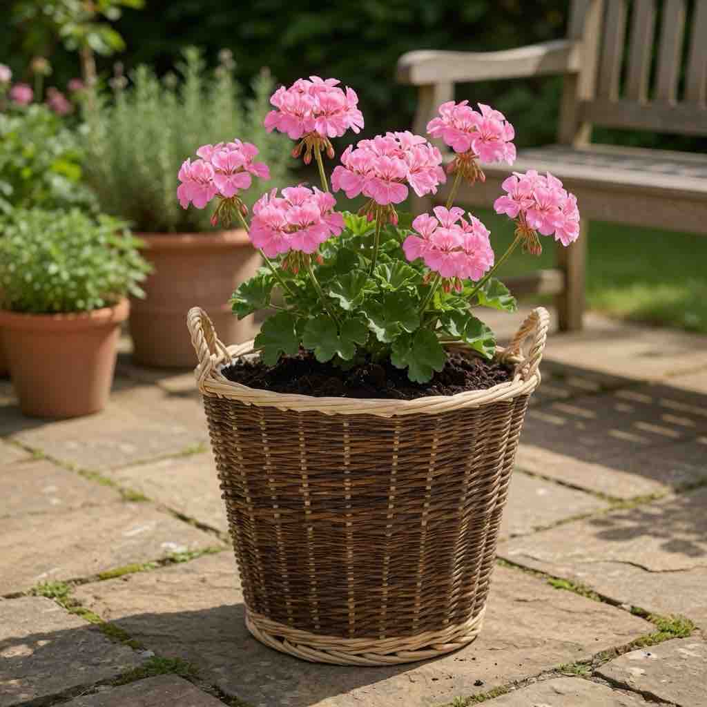 Potted plant with pink flowers in a wicker basket on a patio