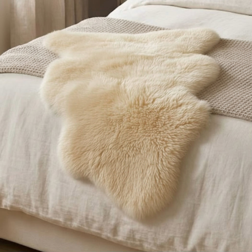 White fur rug on a textured surface