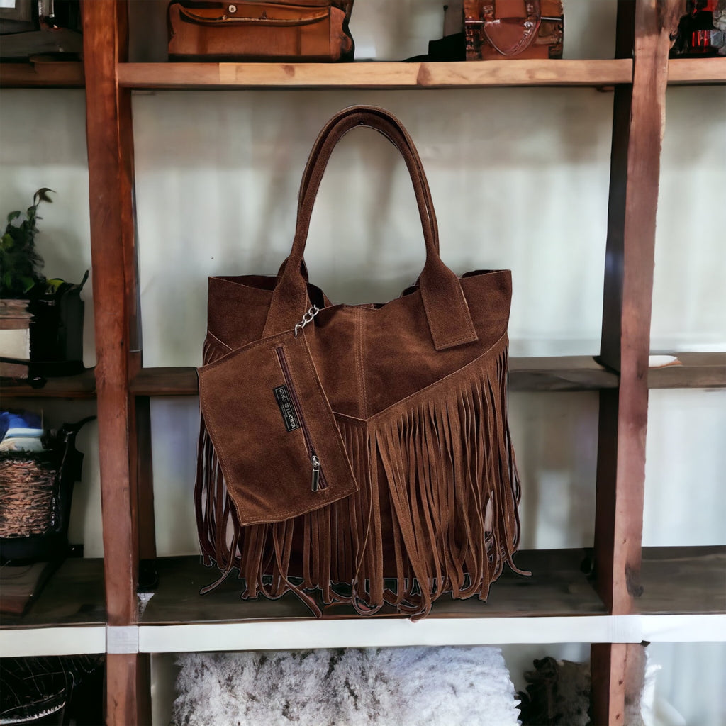 Women's genuine shopper bag with fringe plus purse