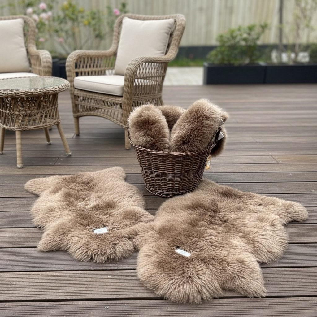 Sheepskin rugs and a basket on a wooden deck with outdoor furniture in the background.